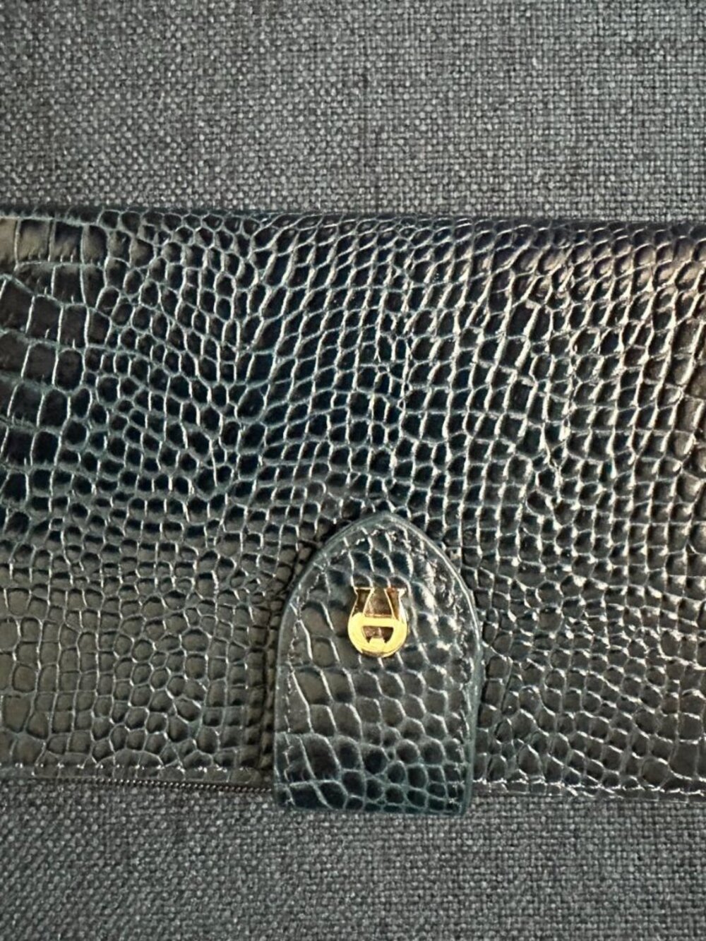 Etienne Aigner Navy Blue Leather Trifold Wallet with Croc-Embossed Trim